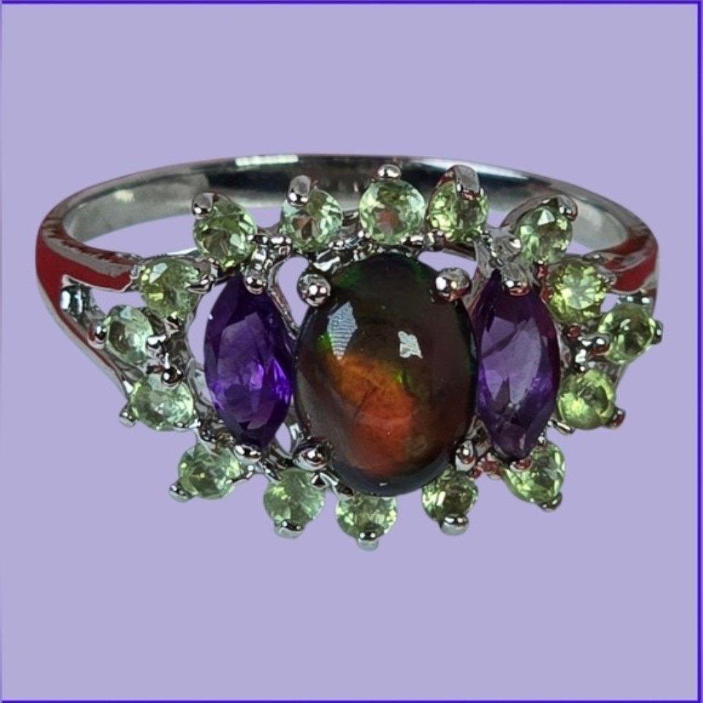 925 Sterling Silver Ring Sz 9 With Natural Blk Opal Amethyst Peridot Gems 89$